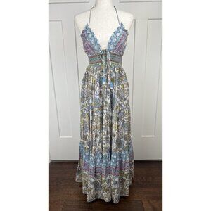 Free People Maxi Dress S Blue Floral Boho Halter Smocked Waist Pockets Lined